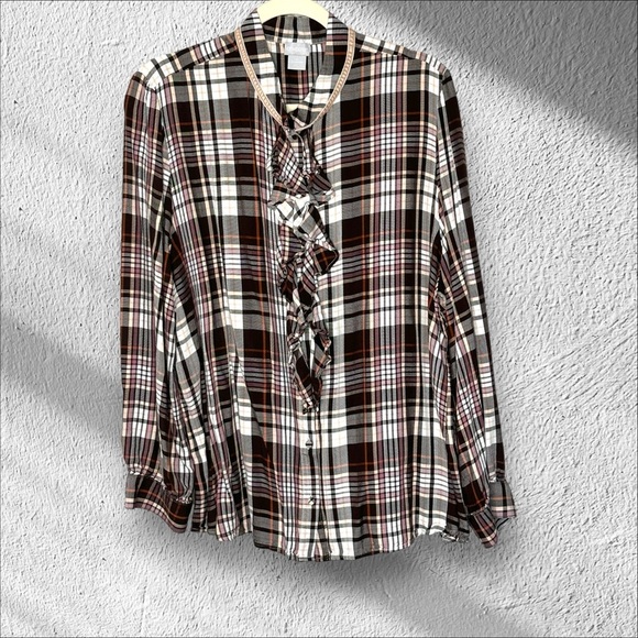 Chicos Size 4 Ruffle Front Brown Plaid Button Front Blouse Top Office Business - Picture 1 of 12